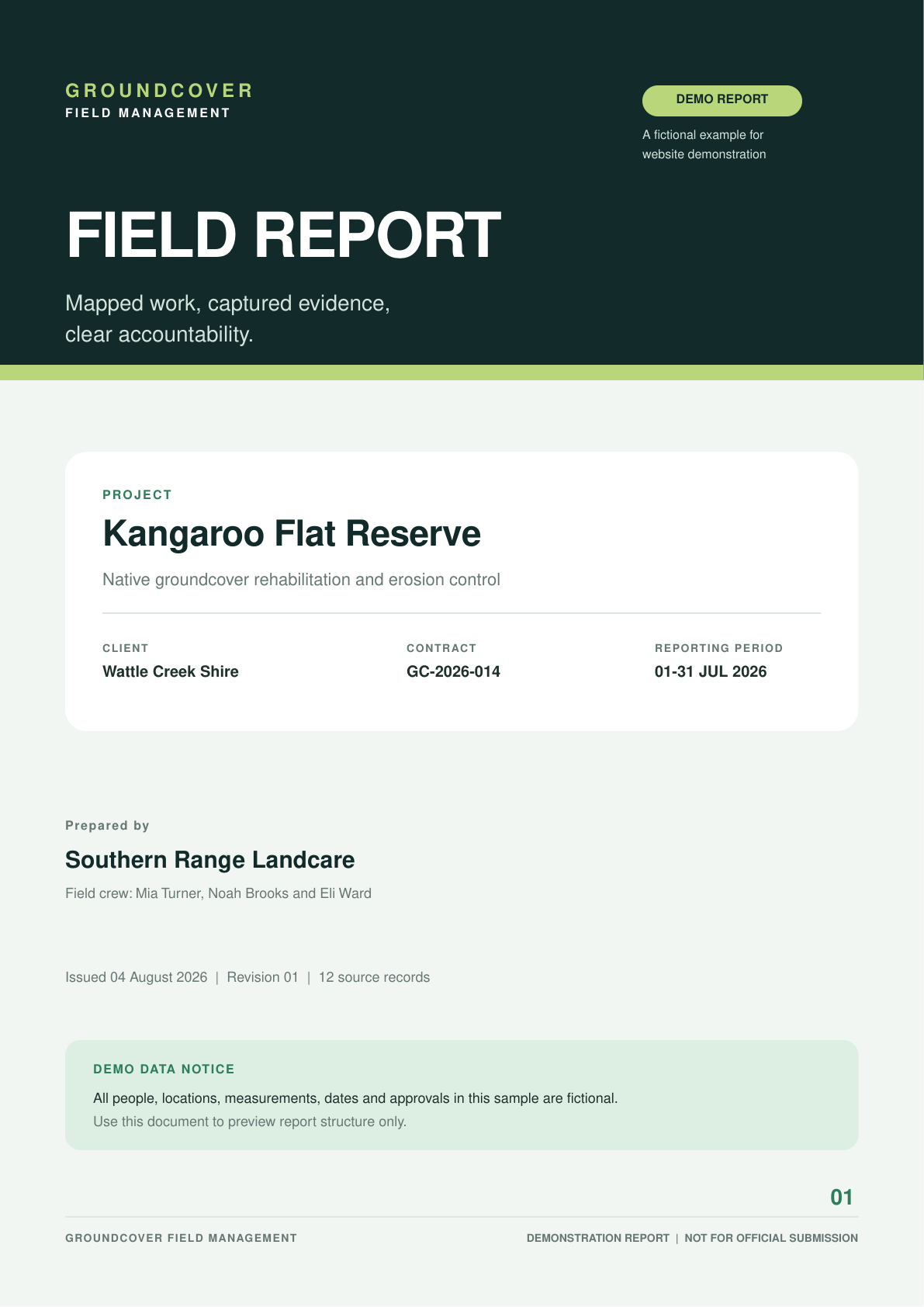 Cover page of the Groundcover fictional demonstration field report
