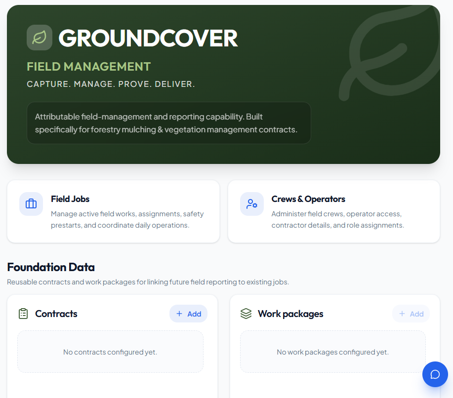 Groundcover main field-management workspace showing Field Jobs, Crews & Operators, Contracts and Work packages