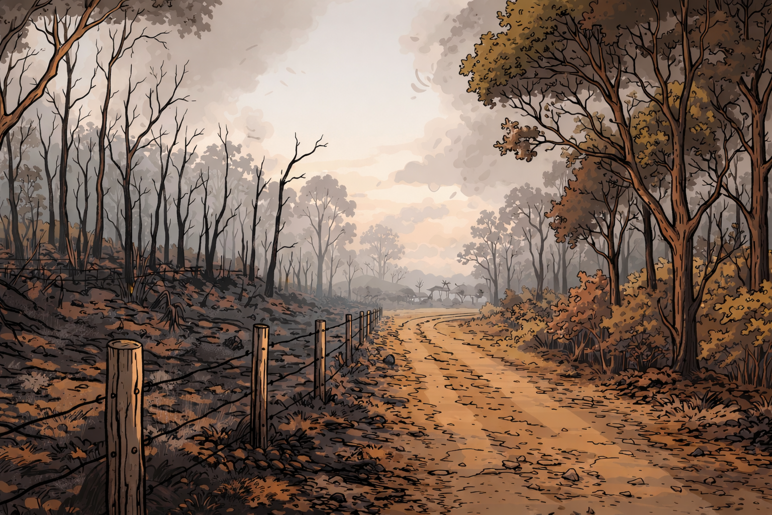 Rural Victorian bush track after forestry mulching showing cleared firebreak and reduced fuel loads