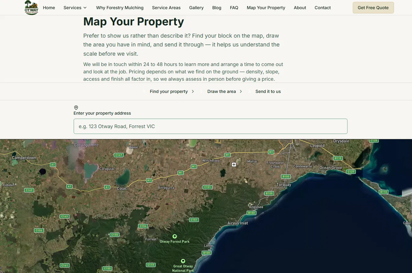 Satellite map of the Surf Coast and Otways region shown in the Map Your Property tool — find your block and draw the areas you want mulched